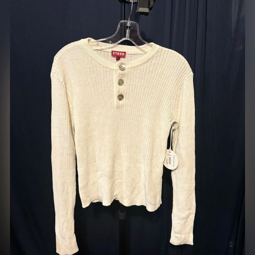 NWT STAUD Artie Henley Rib Knit Sweater Cream Minimalist Quiet Luxury